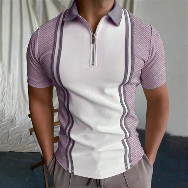 Simple vertical line Polo Shirt for Men Hawaiian 3D Print Zipper Polo Short Sleeve Summer Shirt - Image 2