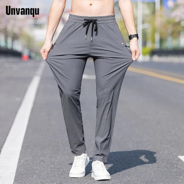 UNVANQU 2023 New Men's Thin Pants Korean Trend Straight Tube Loose Ice Silk Sweatpants Boy Summer Elastic Khaki Jogging Trousers - Image 2