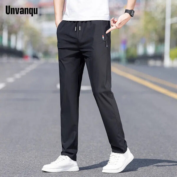 UNVANQU 2023 New Men's Thin Pants Korean Trend Straight Tube Loose Ice Silk Sweatpants Boy Summer Elastic Khaki Jogging Trousers - Image 4