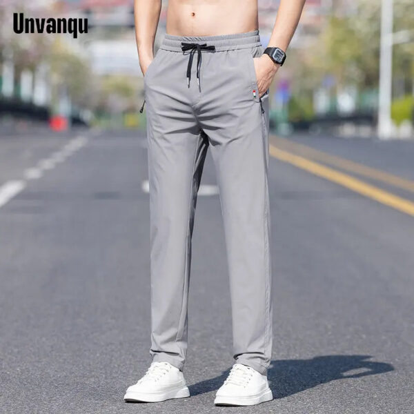 UNVANQU 2023 New Men's Thin Pants Korean Trend Straight Tube Loose Ice Silk Sweatpants Boy Summer Elastic Khaki Jogging Trousers - Image 3